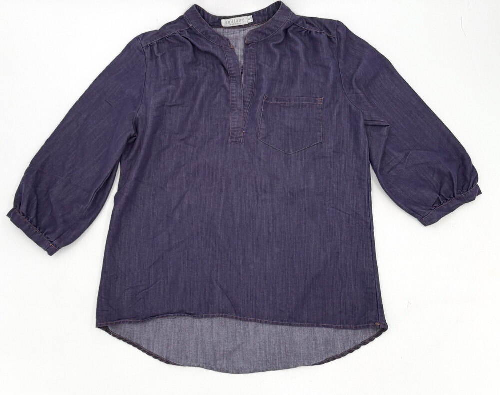 Solitaire Shirt Womens Small Blue Henley Blouse tunic Ravikhosla Denim V-Neck